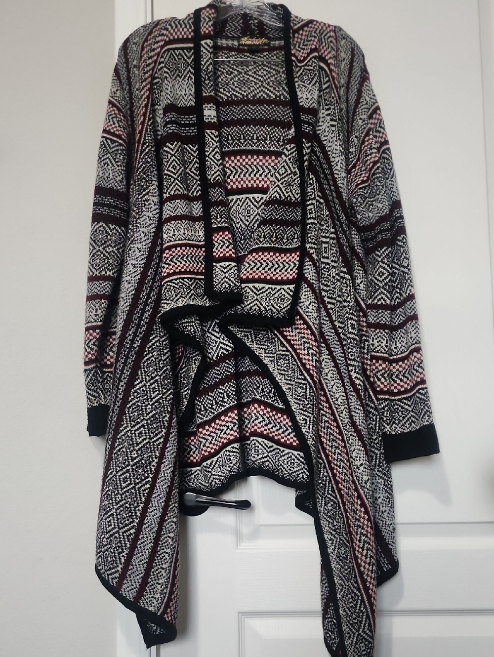 Black and Red Patterned Open Front Women's Sweater Cardigan